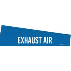 Blue adhesive pipe marker with white 'Exhaust Air' legend, designed for pipe outer diameters of 8 inches and larger. Each pack contains 5 markers (1 marker per pack), without directional arrows. Used to identify exhaust air piping in industrial facilities.