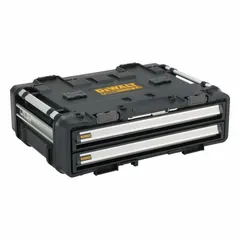 This steel tool drawer with a black finish measures 22 inches wide by 30 inches deep by 10 inches high. It features an Auto-Latch latch system for secure closure. Suitable for storing and organizing tools and accessories on job sites in construction, maintenance, and industrial applications.