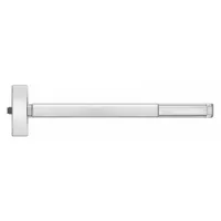 This PRECISION rim push bar is a stainless steel exit device with a touchbar style and lever outside trim. It is ADA compliant and designed for commercial egress applications on doors up to 48 inches wide
