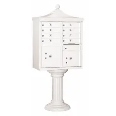 This horizontal multi-unit mailbox features 10 lockable front-access doors and measures 71 3/4 inches high by 31 inches wide by 18 1/2 inches deep. Designed for pedestal mounting, it provides secure centralized mail distribution in apartment complexes, condominiums, and commercial buildings.