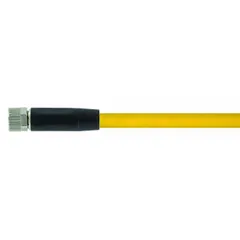 Single-ended cordset with a yellow PVC jacket for flexing applications. Features an M8 female straight connector on one end and bare wire on the other. 3 pins, 24 AWG wire size, 1.5 m cable length. IP65 rated. Suitable for connecting sensors or actuators in industrial automation environments requiring a reliable signal or power link.