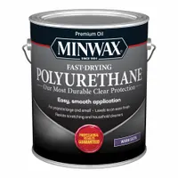 Interior, oil-based polyurethane varnish for wood surfaces. Provides a clear, satin sheen. Suitable for furniture, trim, and cabinets. 1-gallon container