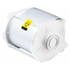 Continuous thermal transfer label roll made of metalized polyester with a silver matte finish, rated for outdoor use. Measures 4 1/4 inches by 100 feet. Compatible with Brady GlobalMark printer series. Suitable for durable labeling in industrial environments such as asset tags, pipe markers, and safety signs.
