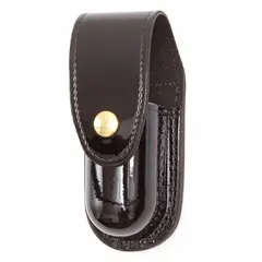 This aerosol pouch is constructed from high gloss synthetic polymer in black. It features a snap closure for secure retention of a pepper spray canister. Suitable for security and law enforcement personnel requiring quick access to defensive spray.