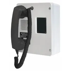 This rugged phone is designed for indoor use in hazardous areas, featuring a corrosion-resistant Hytrel plastic housing in gray. It operates on PSTN networks with ringdown signaling and includes a non-movable hook switch and detachable programming keypad. The surface-mount design is suitable for industrial environments requiring reliable communication.