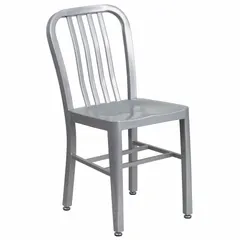 This metal armchair features a powder-coated silver finish on both frame and seat. Seat height is 18 1/2 inches, seat width is 15 1/2 inches. Suitable for outdoor patio seating in residential or commercial settings.