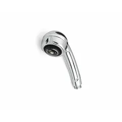 Plastic handheld showerhead with chrome finish. Part of the Water Saver series, delivering a 1.5 gpm flow rate. Width of 2 5/8 inches. Suitable for residential and commercial bathing applications where water conservation is a priority.