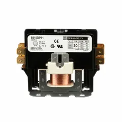 Single-pole, non-reversing definite purpose contactor from the 8910 Series Type DP. Rated 30 A with a 1NO main pole contact form and 110/120V AC coil voltage. Maximum voltage rating 600V AC. Screw clamp terminals. Suitable for HVACR applications such as switching compressors and fan motors in air conditioning, refrigeration, and heating systems.