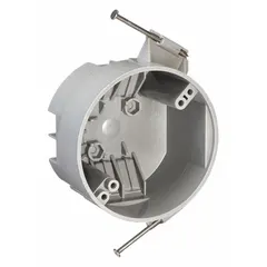 Round ceiling electrical box made of thermoplastic with a 4-inch diameter and 2-gang capacity. Includes a fixed bracket with 3/8-inch setback for mounting to ceiling joists and an NMSC clamp for securing nonmetallic sheathed cable. Suitable for use in residential and commercial construction for light fixtures or junction box installations.