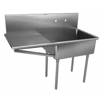 This freestanding sink features a single deep basin for washing pots, pans, and utensils in commercial kitchens and bars. Overall dimensions: 48 in height, 51 in length, 27 1/2 in width. Faucet not included