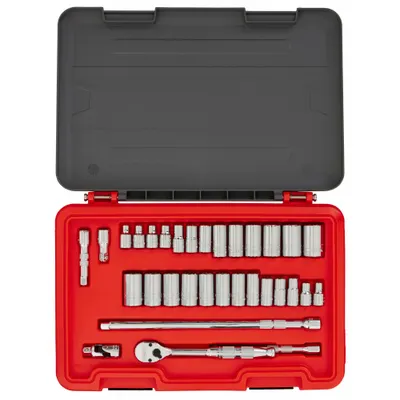 PROTO Socket Set: 3/8 in Drive, 32 Piece, Metric/SAE - SAE & Metric Socket Sets with Drive Tools