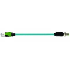 This cordset connects M12 male straight to RJ45 male straight connectors with Cat5 performance for industrial Ethernet data transmission. It features a 10-meter length, TPE cable jacket in blue, and A coding on the M12 end. Suitable for factory automation and machine building applications requiring reliable connectivity.