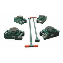 Machine roller kit with 240,000 lb capacity, 8 in deck height, and 6 3/4 x 6 3/4 in footprint. Includes (4) rollers and (2) handles. Rubber-padded top plate surface protects loads during transport. Green finish. Used for moving heavy machinery in industrial settings.