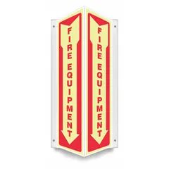 This V-shape projection fire equipment sign is made of PETG and features mounting holes for secure attachment. It measures 18 inches by 7 1/2 inches with a thickness of 0.07 inches. The sign is glow in the dark for visibility in low-light conditions and is not retroreflective. Typical applications include marking fire extinguishers, hoses, or other fire equipment in industrial or commercial settings.