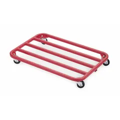 Red flush-lip dolly with a 36 in L x 24 in W x 5 in H deck and (4) swivel casters. Supports loads up to 800 lb. Used for moving pallets, boxes, and equipment in warehouses, factories, and distribution centers.
