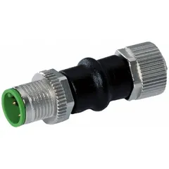 This M12 gender adapter connects a 5-pole male cable to a 3-pole female cable, A-coded for signal, low-power, and gigabit data transmission. It is rated IP67 and 800V, with a PUR housing and straight cable-to-cable mounting. Typical use includes connecting analog sensors in industrial automation environments.