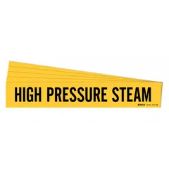 Yellow adhesive pipe marker with black legend reading 'High Pressure Steam' for identifying high-pressure steam lines. Designed for pipes with outer diameter of 8 inches and larger. Supplied in a 5-pack without directional arrows. Suitable for industrial piping systems requiring clear hazard identification.