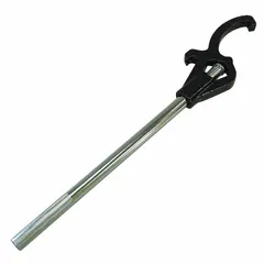 This adjustable fire hydrant wrench is designed for operating hydrants with Storz, pentagon, square, navy slot, pin, and rocker fittings. It fits all nut sizes from 1/4 to 4-1/2 inch lugs. The wrench has an 18-inch overall length and a plated steel handle.