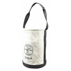 Canvas bucket bag with open top and two pockets for tool and accessory storage. Suitable for carrying hand tools and small parts on job sites. Off-white canvas construction with 14-inch height.
