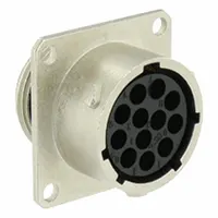 Square flange receptacle with 12 female contacts, rated 10 A and 500V (CSA). Features 1/3 bayonet coupling and IP69K protection for harsh environments. Accepts 30 AWG to 14 AWG wire. Contacts not included. Suitable for industrial applications requiring dust and high-pressure water ingress resistance
