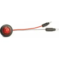 Red LED clearance light with round surface-mount design and grommet installation. Features male bullet connector and SAE Lens Code PC. Used on commercial vehicles for side or rear visibility to mark width and height