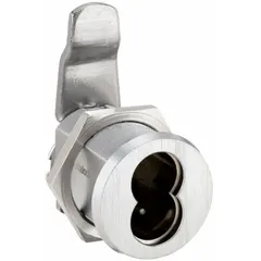 This chrome-plated cam lock features a clockwise unlock operation and a 3/4 in offset cam width. The interchangeable core allows quick rekeying without removing the lock, suitable for securing cabinets, panels, and enclosures in industrial settings.