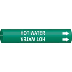 Green and white snap-on pipe marker for hot water lines. Fits pipe outer diameter 2 1/2 to 3 7/8 inches. Includes directional arrows. Suitable for facility identification and maintenance labeling.