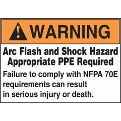 Adhesive-mounted warning labels on a roll, made of coated paper. Each roll contains 100 labels. These labels are not retroreflective and do not glow in the dark. They are used to communicate arc flash and shock hazard warnings, alerting personnel to required PPE per NFPA 70E in industrial electrical safety applications.
