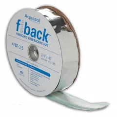 Fiberglass weld-backing tape for supporting weld pools in butt joints, ensuring full penetration and a clean root pass. Suitable for high-temperature welding environments in pipe and plate fabrication. 2-1/2 inches wide, 41 feet long, with a maximum current rating of 600 A.