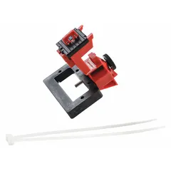 This clamp-on lockout is designed for 480/600V AC oversized circuit breakers. It includes a cable tie slot for use with standard nylon cable ties to secure the lockout during maintenance. Suitable for lockout/tagout procedures in industrial environments.