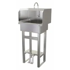 This one-station freestanding hand sink includes a faucet and side splash. Constructed from 16 ga material, it features a 17 in bowl length and 7 in bowl depth with a 2 gpm flow rate. Suitable for commercial hand-washing in facilities requiring a self-contained unit.