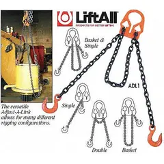 Adjustable-length double-leg chain sling with Grade-100 chain and sling hook type. Chain trade size is 1/2 in. Used for overhead lifting and rigging in industrial settings, allowing secure handling of unbalanced loads.