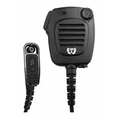 Black speaker microphone with multi-pin connector for Motorola APX 4000 series radios. Features push-to-talk and noise-cancelling functionality. Includes 24-inch cord and 3.5 mm jack. Suitable for two-way radio communication in demanding environments.