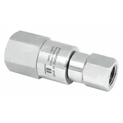 This single-passage rotary union transfers air from a stationary supply line into rotating machinery. Made of nickel-plated C38500 brass with a 3/8 in stationary port, it is suited for low-speed applications up to 30 RPM, such as in packaging or textile equipment.