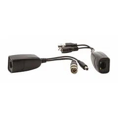This 1-port video balun transmits video signals over Category 5e cabling. It features a BNC male connector on one end and an RJ45 female connector on the other, with an overall height of 3 1/2 inches. The black unit is used in A-V systems to extend video transmission distances.
