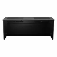 This VERSADESK computer desk features a wood desktop in Black Matrix finish and a black steel frame. It measures 72 inches wide by 31 inches high, includes a modesty panel, and has no drawers. Suitable for office or workstation use, supporting monitors, keyboards, and paperwork
