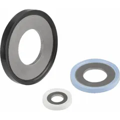 This hygienic sealing washer features a 316L stainless steel body with an OD-bonded EPDM seal. It has a 5.1 mm inside diameter and is FDA approved, metal detectable, and X-ray detectable. Suitable for creating leak-proof seals in bolted joints within sanitary processing environments.