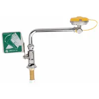 This counter-mount eyewash station provides emergency eye irrigation. It features a push plate activation and is designed for left-side mounting. The unit is constructed with chrome-plated brass pipe and is intended for plumbed installation in industrial or laboratory settings