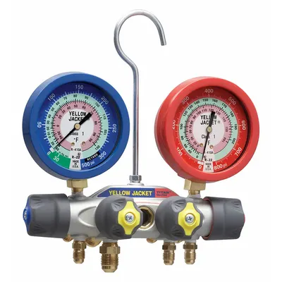 YELLOW JACKET Manifold Gauge: 4 Valves, 0 Hoses, Series Titan, 3 1/8 in Gauge - Analog Manifolds