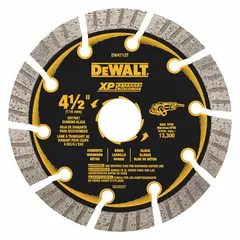 This diamond saw blade is designed for cutting concrete and asphalt. It has a 4-1/2 inch diameter and a 5/8 inch arbor, suitable for use with angle grinders. The blade can be used in wet or dry conditions for masonry and construction cutting tasks.