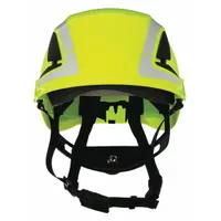 Type 1, Class C vented climbing helmet for work-at-height applications. Features ABS construction, 6-point ratchet suspension, and side-slots for accessory mounting. High-visibility green color with solid finish and no graphics