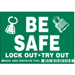 Polyester adhesive signs for marking lockout/tagout points on equipment. Nominal size 3 1/2 in x 5 in, 0.01 in thick. Pack of 5. Not retroreflective or glow-in-the-dark. Suitable for industrial safety procedures.