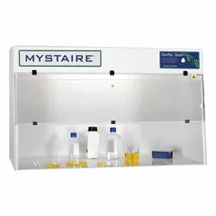 This PCR enclosure provides a controlled environment for sample preparation in molecular biology workflows. Fully assembled unit includes a blower, base/stand, and work surface. White finish; overall dimensions 48 in width, 29 1/2 in height, 24 in depth.