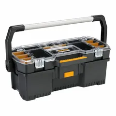 Black plastic tool organizer box with detachable lid and padlock compatibility for securing contents. Designed for storing and transporting hand tools, power tool accessories, and small parts in construction, maintenance, or industrial settings.