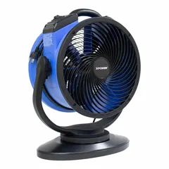 Portable axial blower with a 1/4 hp motor delivering 2,100 cfm. Features a pivoting frame for 360° directional airflow, four selectable speeds, and a polypropylene housing with GFCI protection. Suitable for ventilation, drying, and air movement in construction, restoration, and industrial applications.