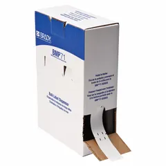 White polyethylene tags, 3 in x 3/4 in, matte finish, supplied in rolls of 1,000. Designed for outdoor use and compatible with Brady M611 printer series for on-demand industrial identification and labeling.