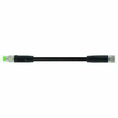 Double-ended cordset with M8 male straight and M8 female straight connectors, 3-pin, 24 AWG, 3 m cable length, black PVC jacket, IP67 rated. Suitable for flexing applications in industrial automation, packaging, and material handling systems requiring reliable signal or power transmission in confined spaces.