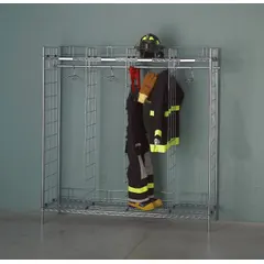 Freestanding turnout gear rack with two sides and 16 compartments. Constructed from zinc chromate with a chrome finish. Designed for organizing and ventilating coats, pants, and helmets in fire stations and emergency services.