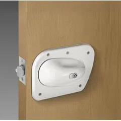 Storeroom function lever lockset with ligature-resistant design for institutional safety. Features a Small Format Interchangeable Core (SFIC) for key control. Right-hand configuration. No visual indicator.