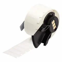 Nylon precut label roll for wire and cable identification. Black on white, 1 in x 3/8 in, designed for 12 AWG to 10 AWG wire gauge. Compatible with BMP71 printer series; requires M7-R4300 ribbon.
